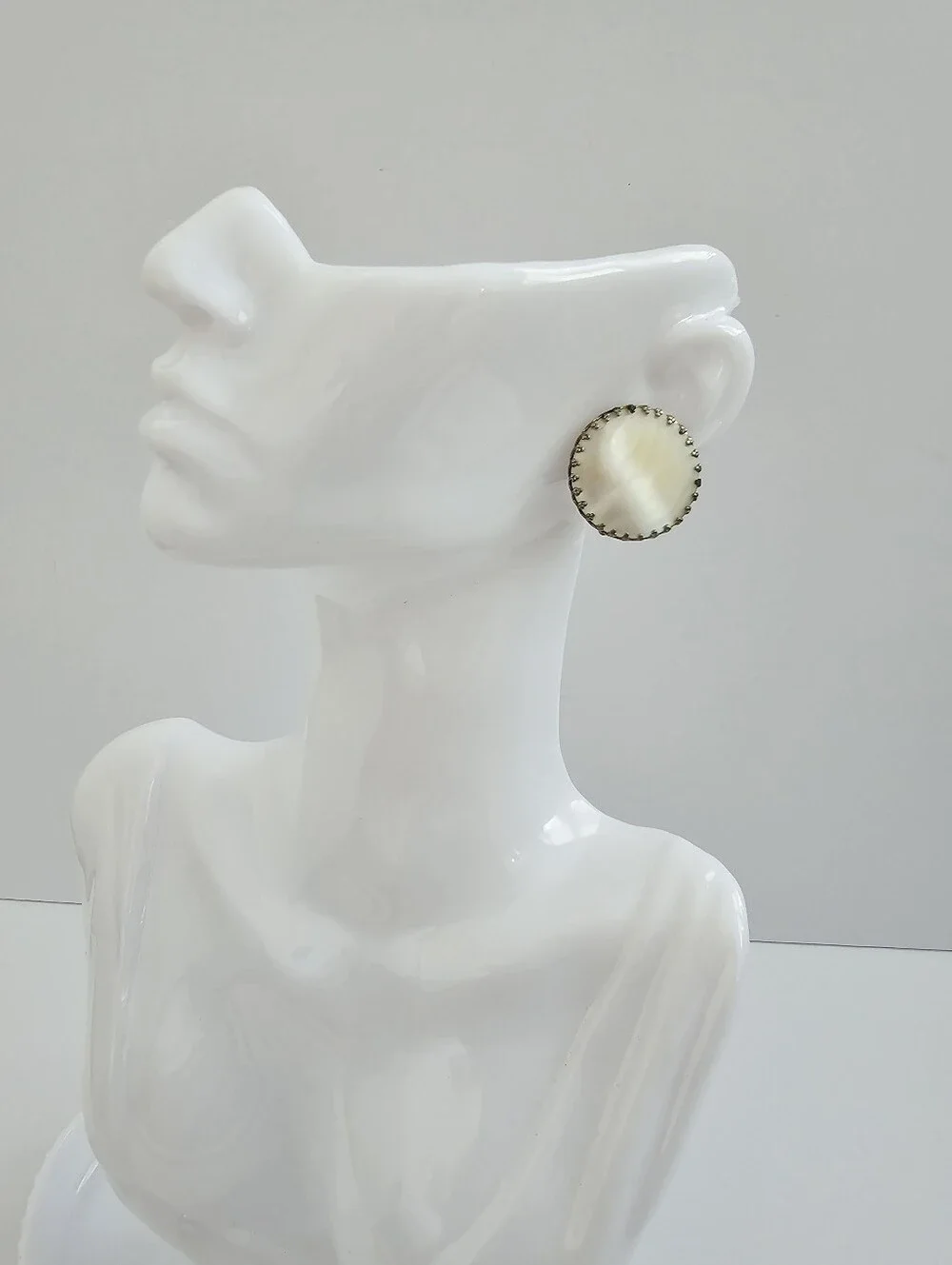 Vintage Mother of Pearl Clip-On Earrings Crown Dogtooth Bezel Statement Button​